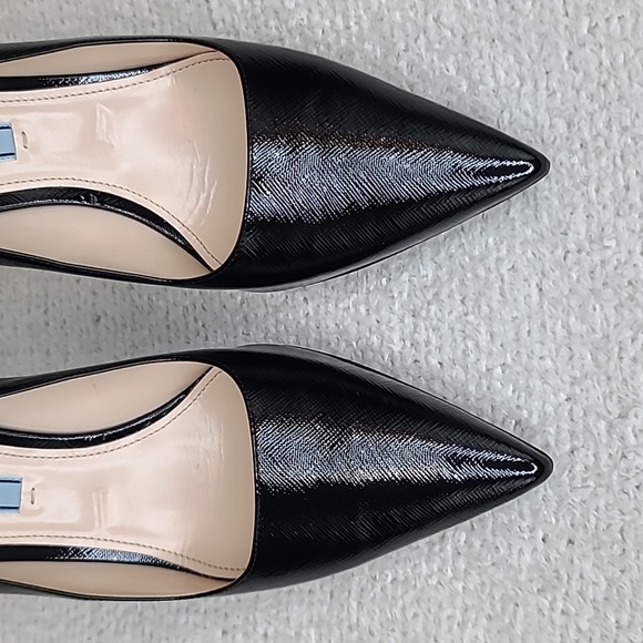 Prada Saffiano Vernice Textured Leather Pointy Toe Stiletto Pumps in Black - Picture 3 of 17